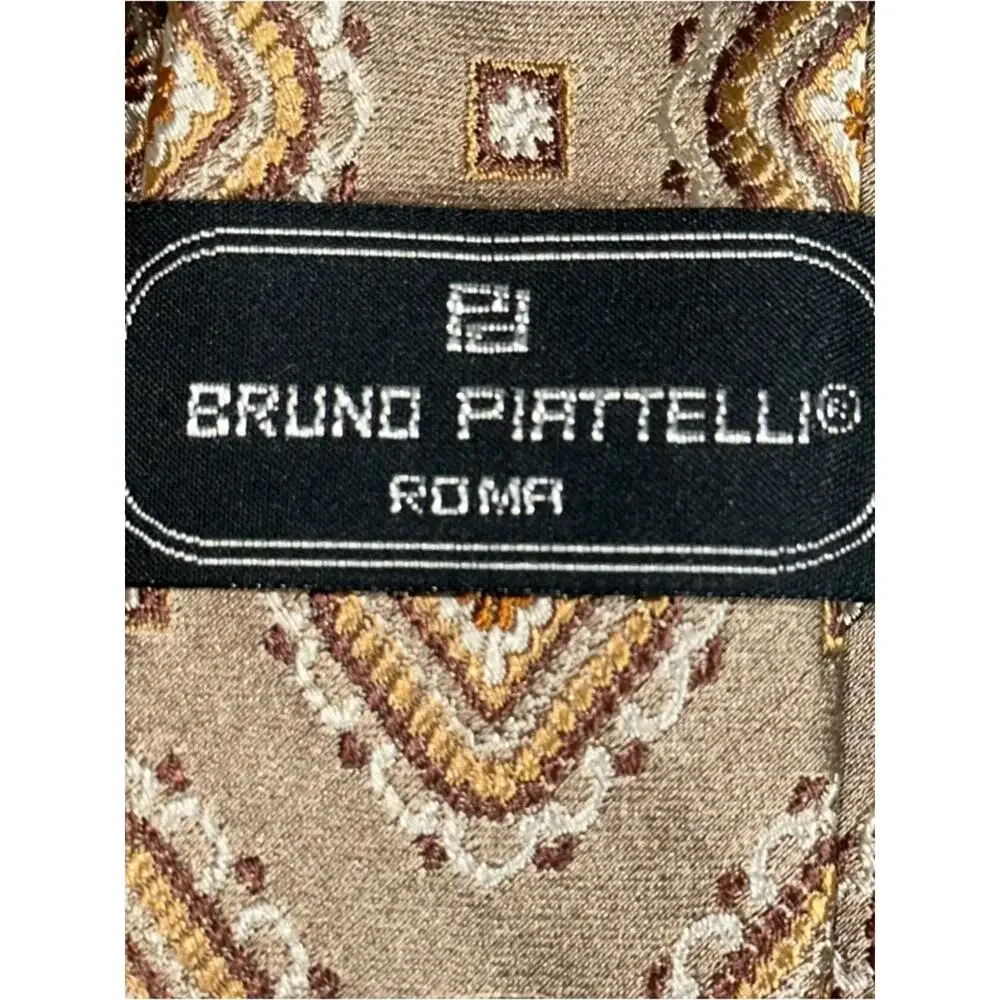 Bruno Piattelli Roma Vintage Tan Brown Textured Geo Print Silk Necktie Tie